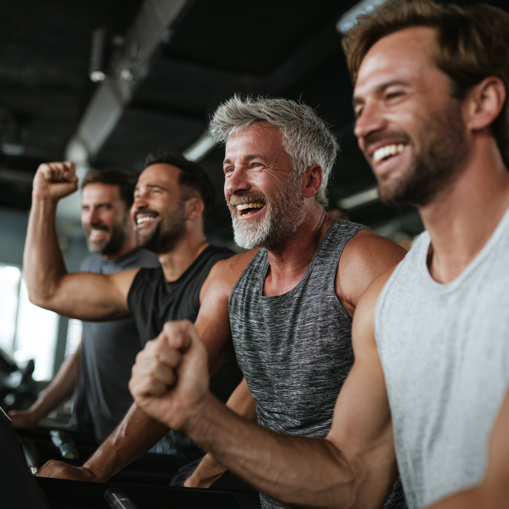 Group of motivated men celebrating fitness achievements together in gym
