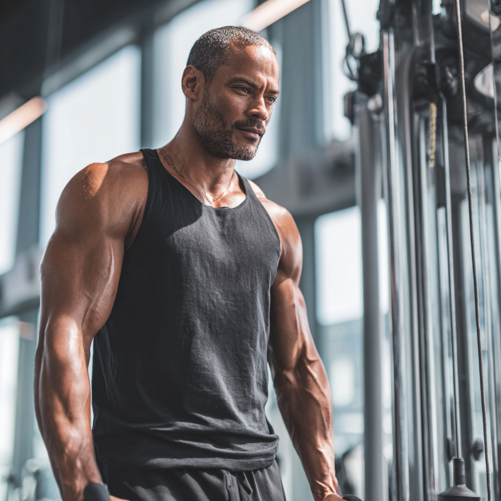 Strong confident man working out with determination in modern gym